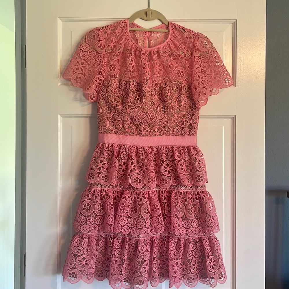 pink tiered lace mini dress Fuchsia Lace Ruffle Tiered Bodycon Mini Dress